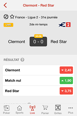 Interface du live en Ligue 2 Pari en direct sur l'application Winamax