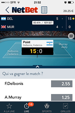Interface animée des paris en direct Paris en direct sur l'appli Netbet