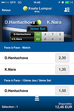 Pari en live sur le tennis Interface du direct sur l'app ParionsSport en ligne