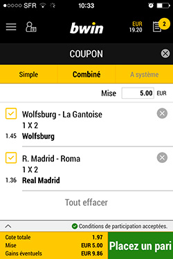 Saisie d'un pari combiné Pari combiné avec l'application Bwin