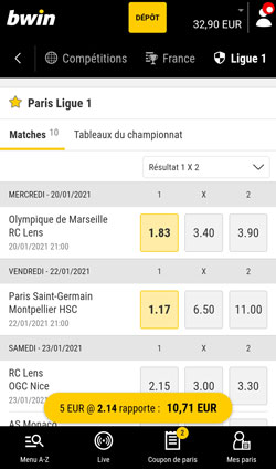 Pari en pré-match sur l'app Bwin