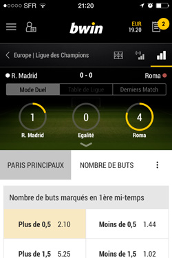 Statistiques sur un match en direct Stats sur l'App Bwin Sports