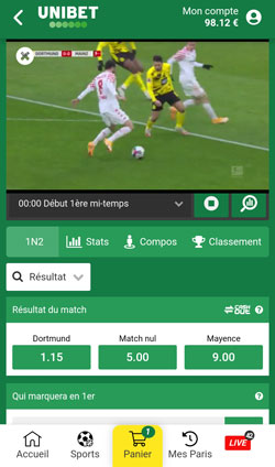 Pari en direct et vidéo sur l'appi Unibet