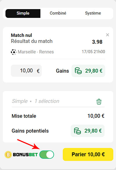 Exemple de pari avec un BonusBet Miser un BonusBet